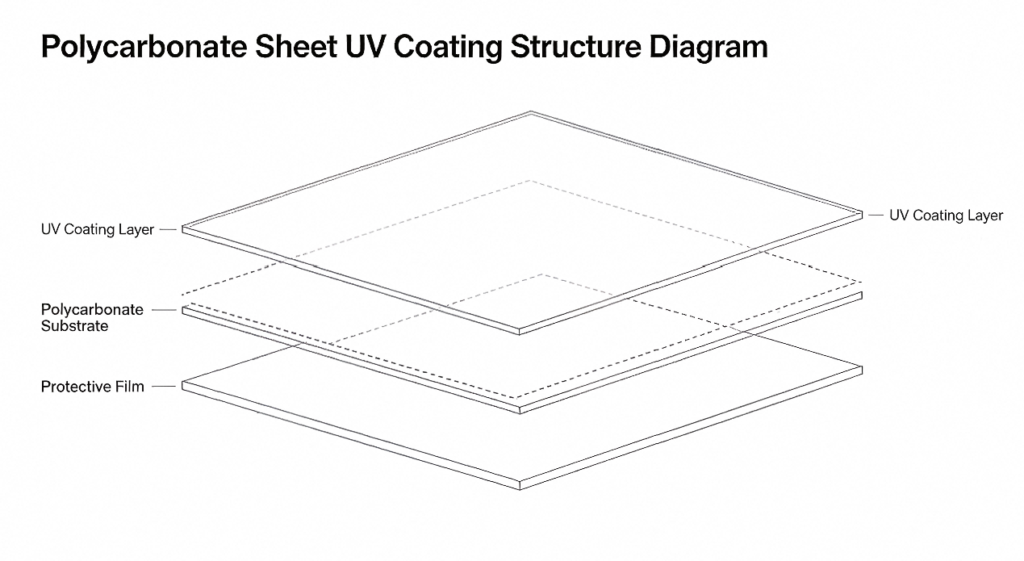 Cross-section diagram of UV-coated polycarbonate sheet showing the co-extruded UV protection layer