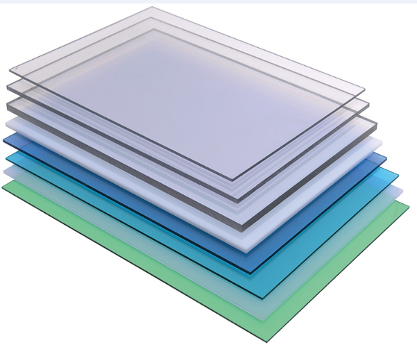 Transparent and bronze solid polycarbonate panels showing optical clarity