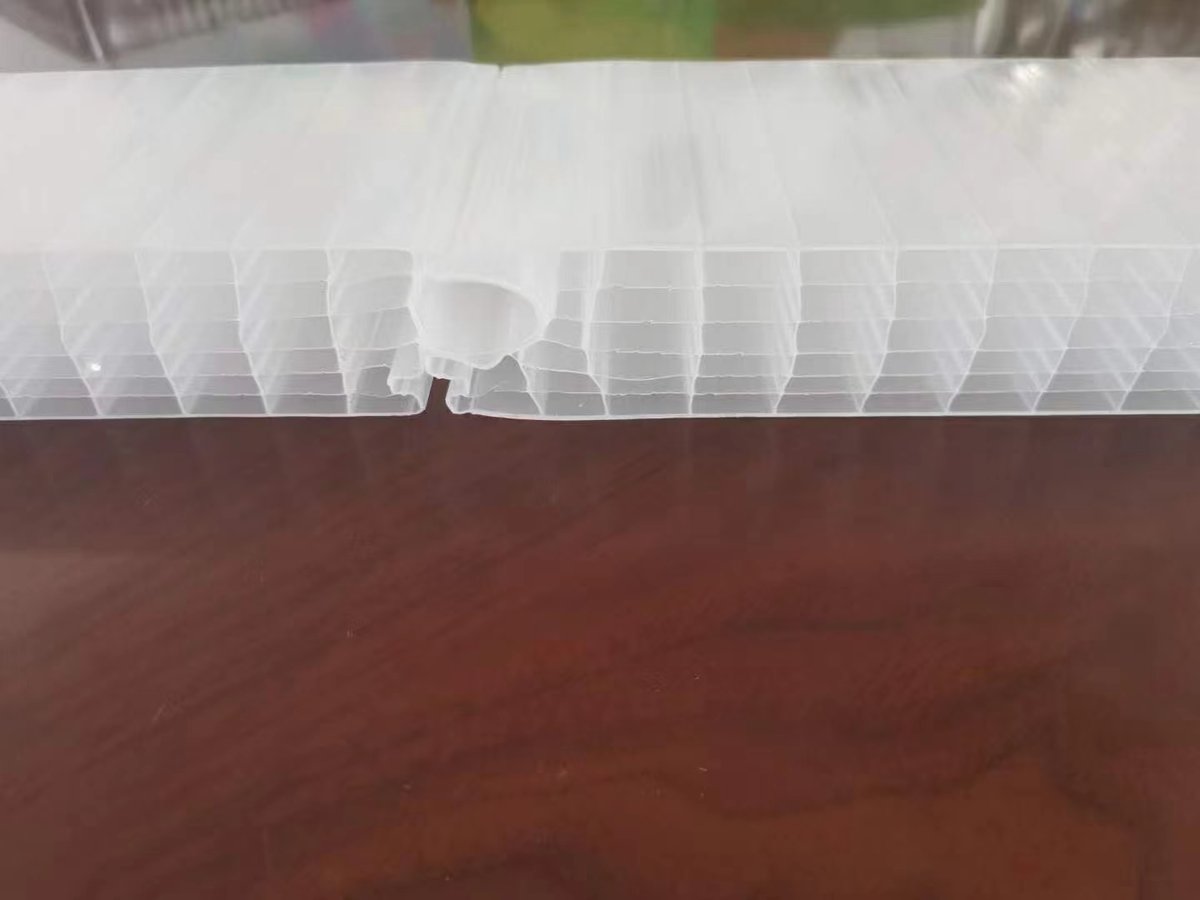 Cross-section detail of hollow multiwall interlocking PC panel showing internal structure