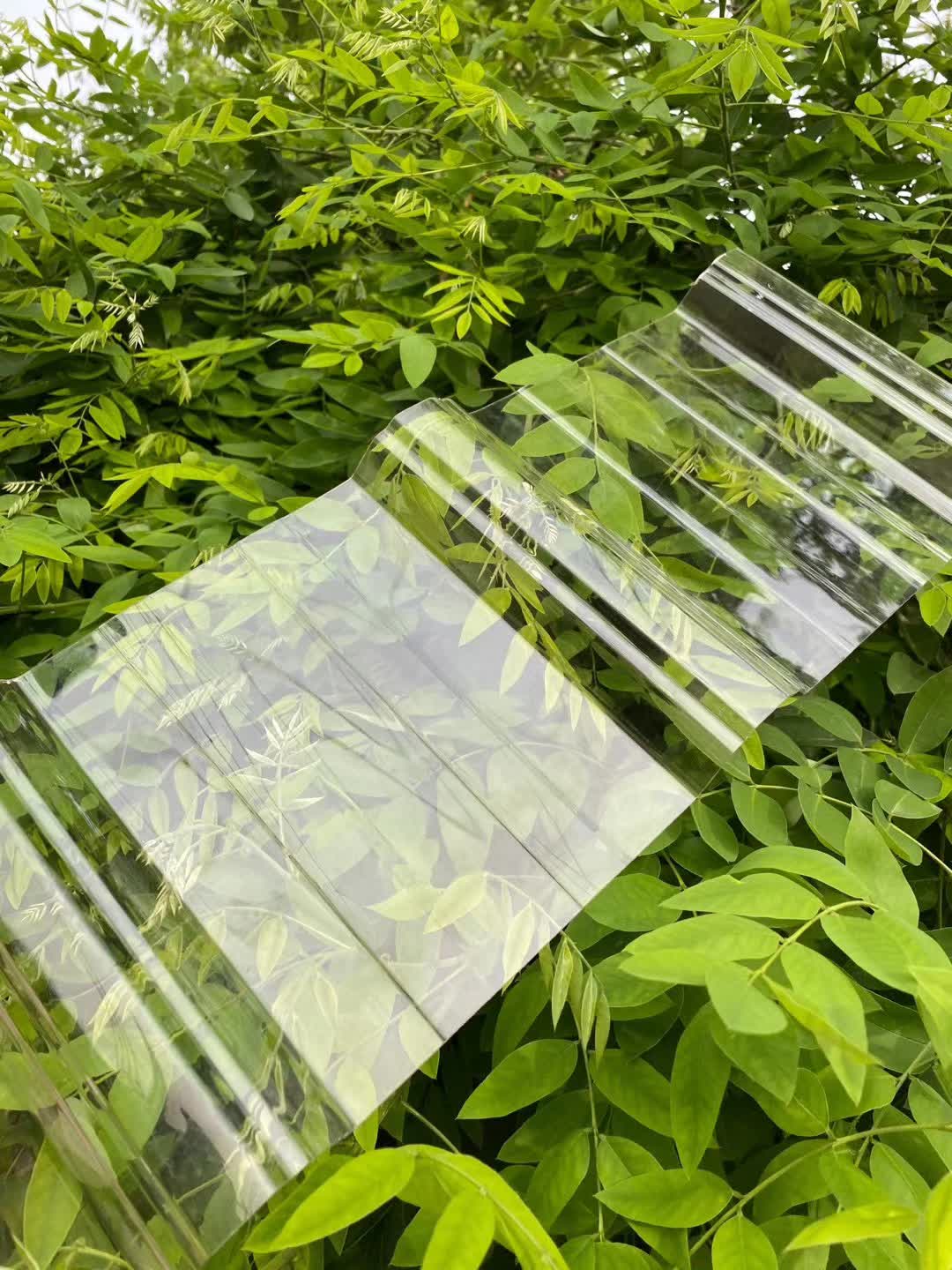 Corrugated polycarbonate sheet installed in outdoor garden setting demonstrating natural light transmission and application context