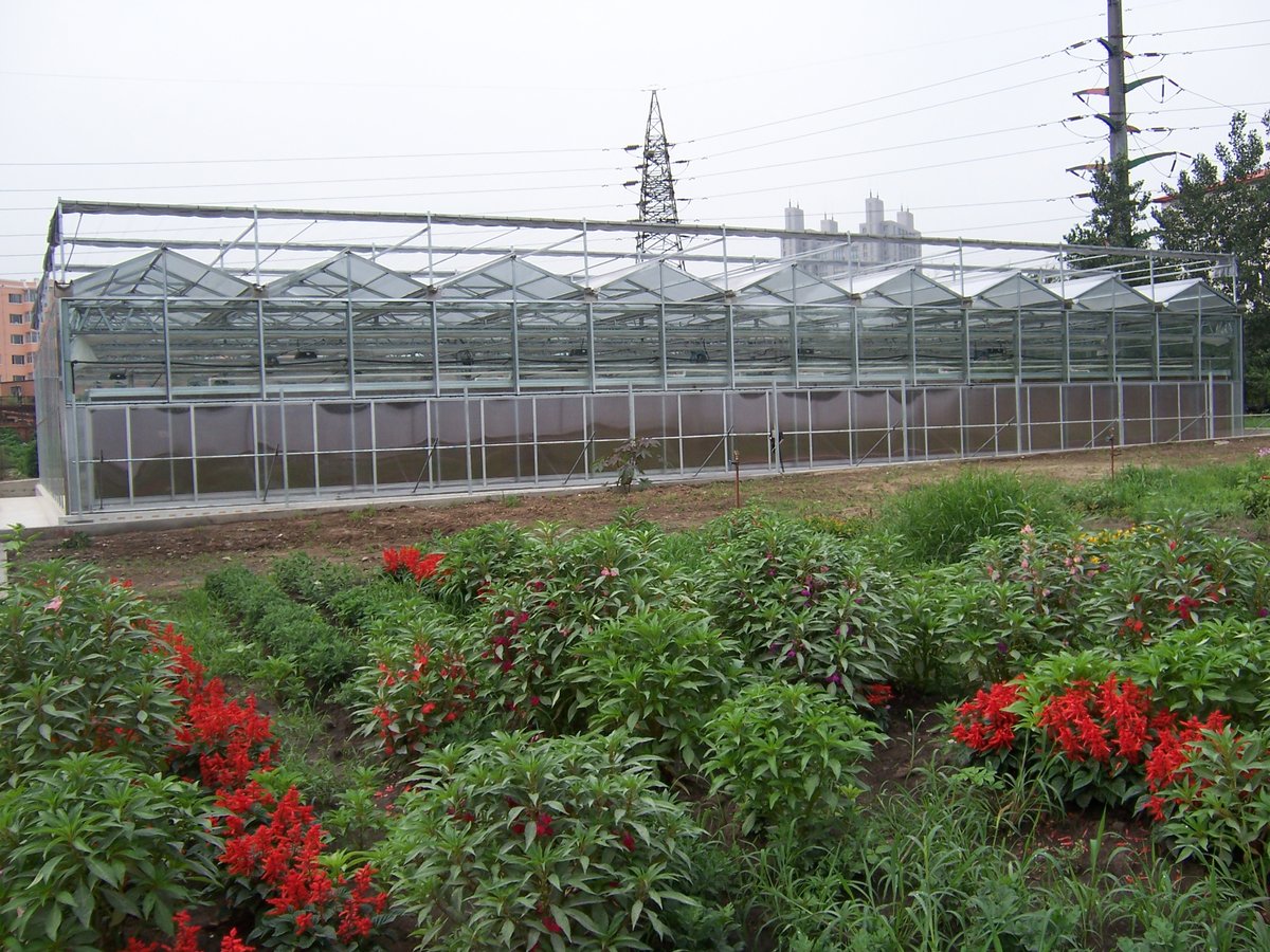 Greenhouse with flower beds using multiwall polycarbonate panels
