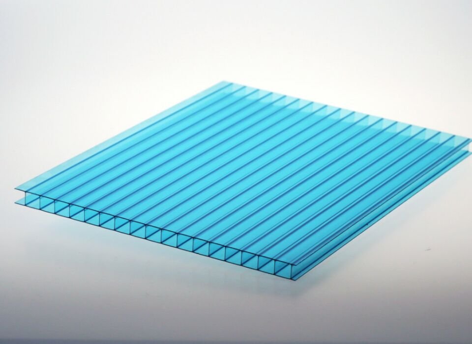 Twin-wall polycarbonate sheet cross-section showing two outer walls and a single row of hollow channels